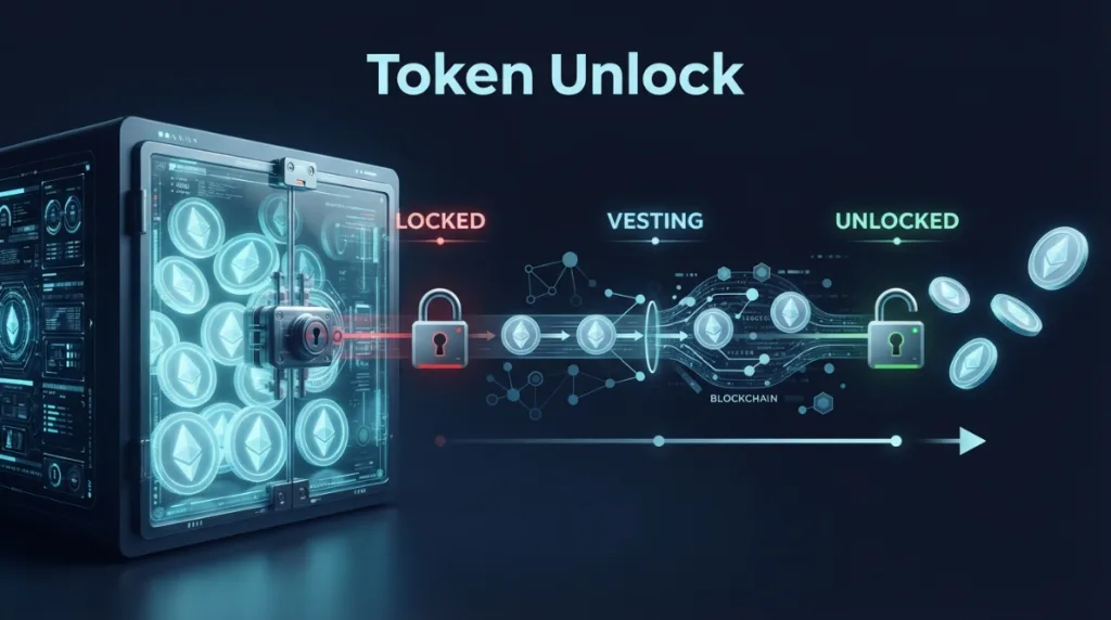 Crypto token unlock process showing locked tokens, vesting schedule, and unlocked supply
