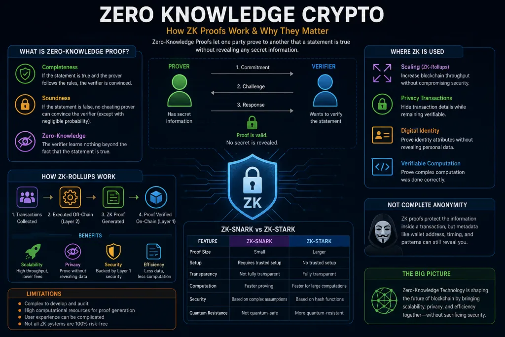 Zero knowledge crypto showing ZK proofs, ZK-rollups, privacy, and blockchain scaling