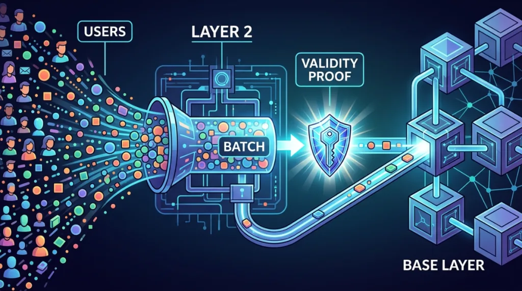 ZK-rollup processing transactions on Layer 2 and sending a validity proof to the base blockchain