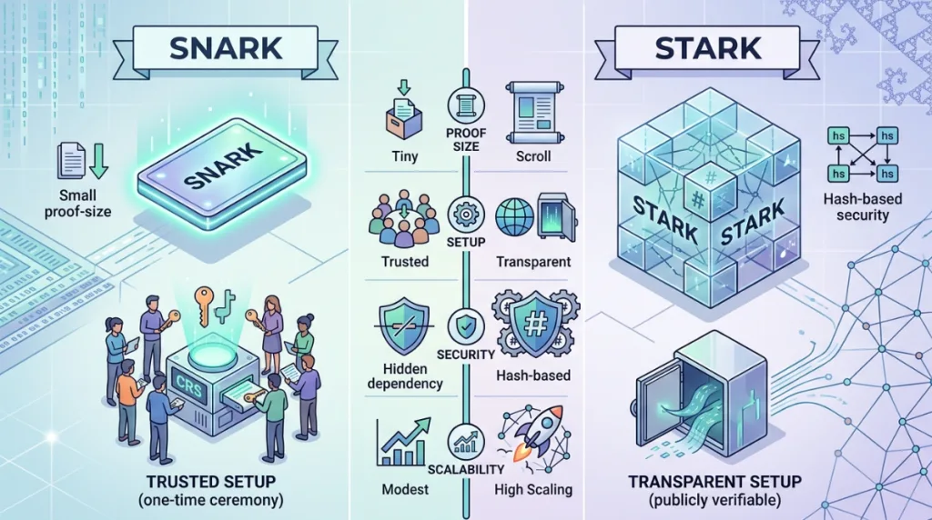 Visual comparison of ZK-SNARK and ZK-STARK zero-knowledge proof systems