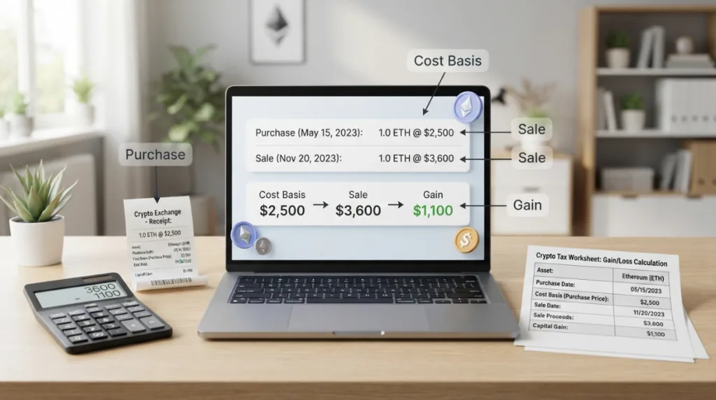 Crypto cost basis calculation showing purchase price, sale price and capital gain