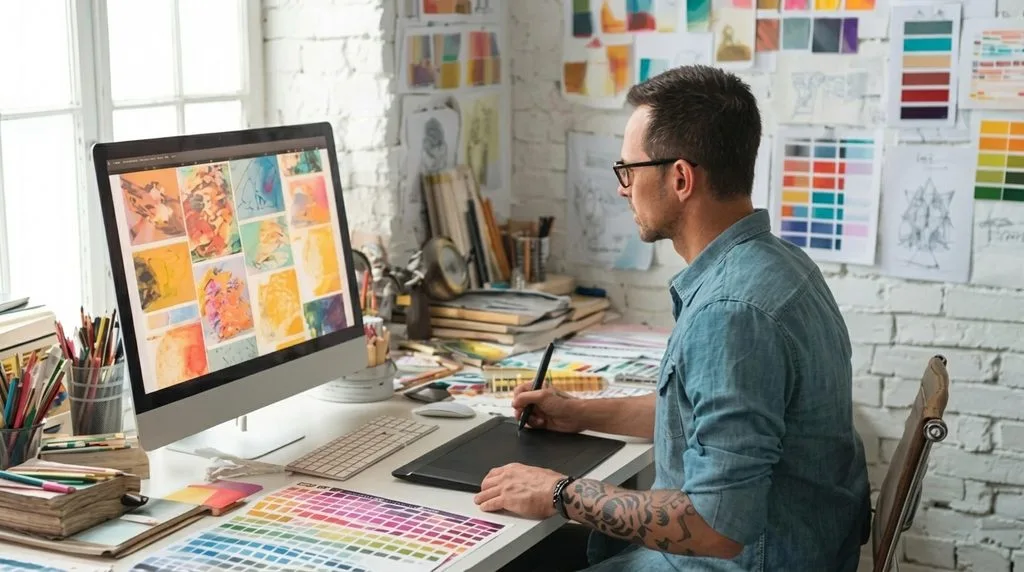 Freelance graphic designer at work