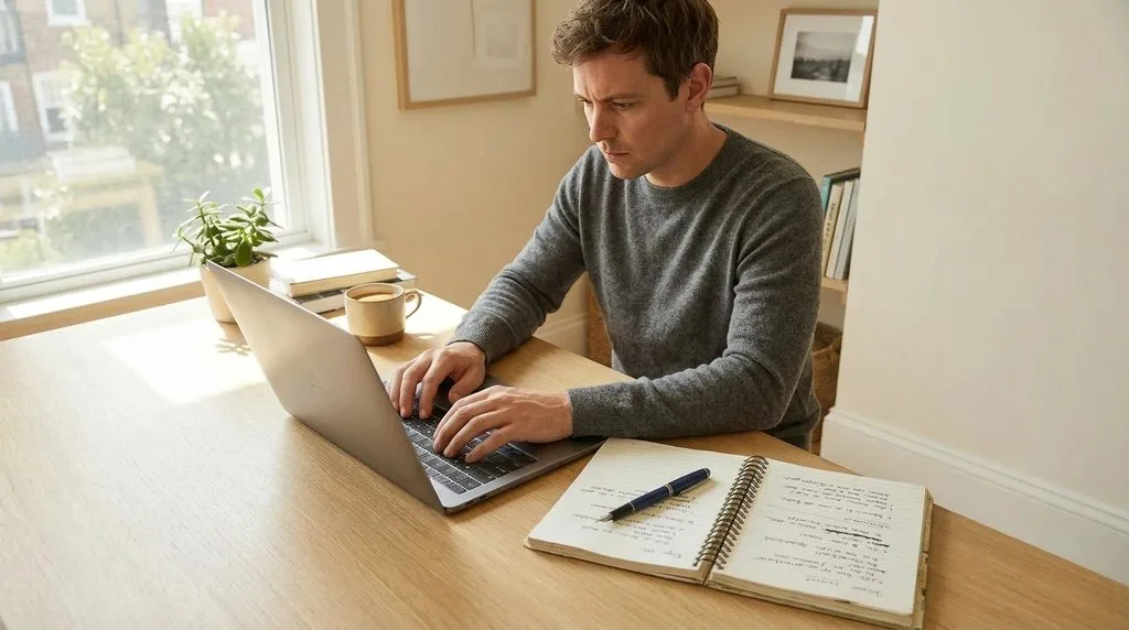 Freelance writer working on laptop