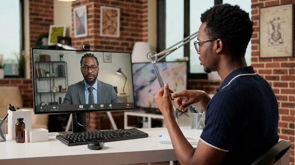 Freelancer on video call with client