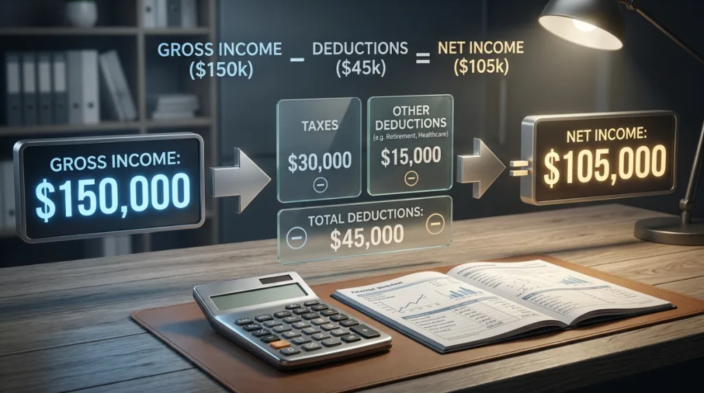How net income is calculated from gross income and deductions