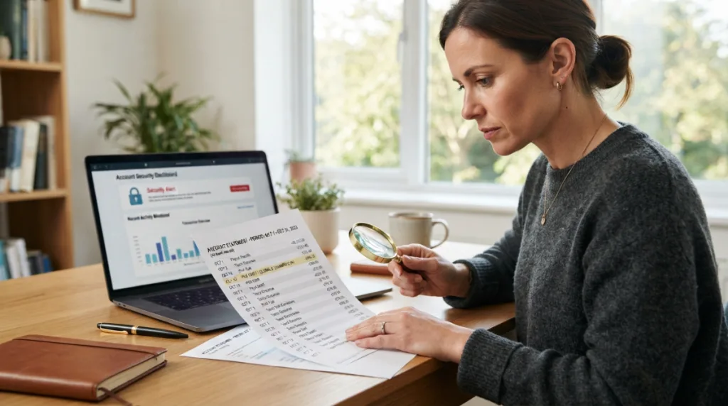 Reviewing a bank statement for suspicious or unauthorized transactions