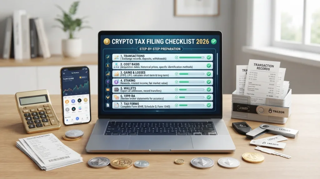 Crypto tax filing checklist with transactions, cost basis, gains and Form 1099-DA