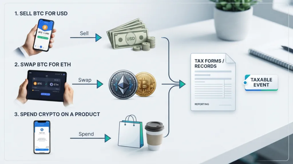 Taxable crypto transactions including selling, swapping and spending cryptocurrency