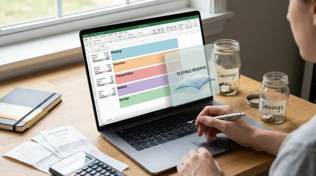 Monthly budget with a financial buffer for unexpected costs
