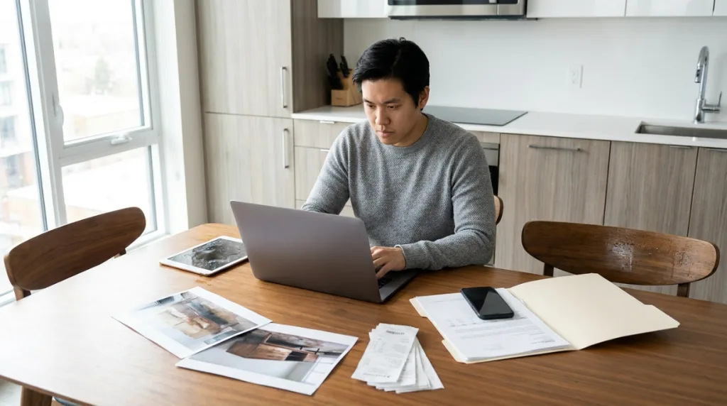 Renter documenting damaged belongings for an insurance claim