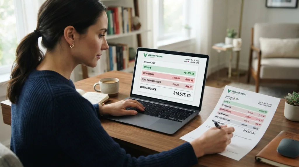 Person reviewing a bank statement with deposits withdrawals and fees