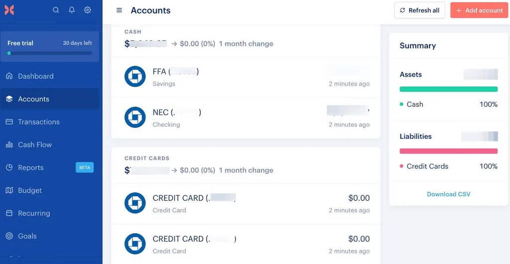 Monarch Money dashboard with connected accounts