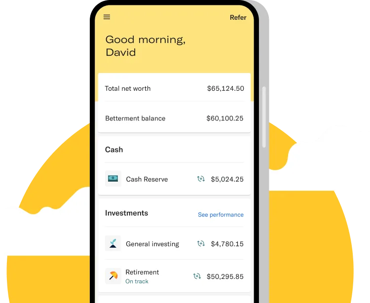 Betterment app showing total balance and performance
