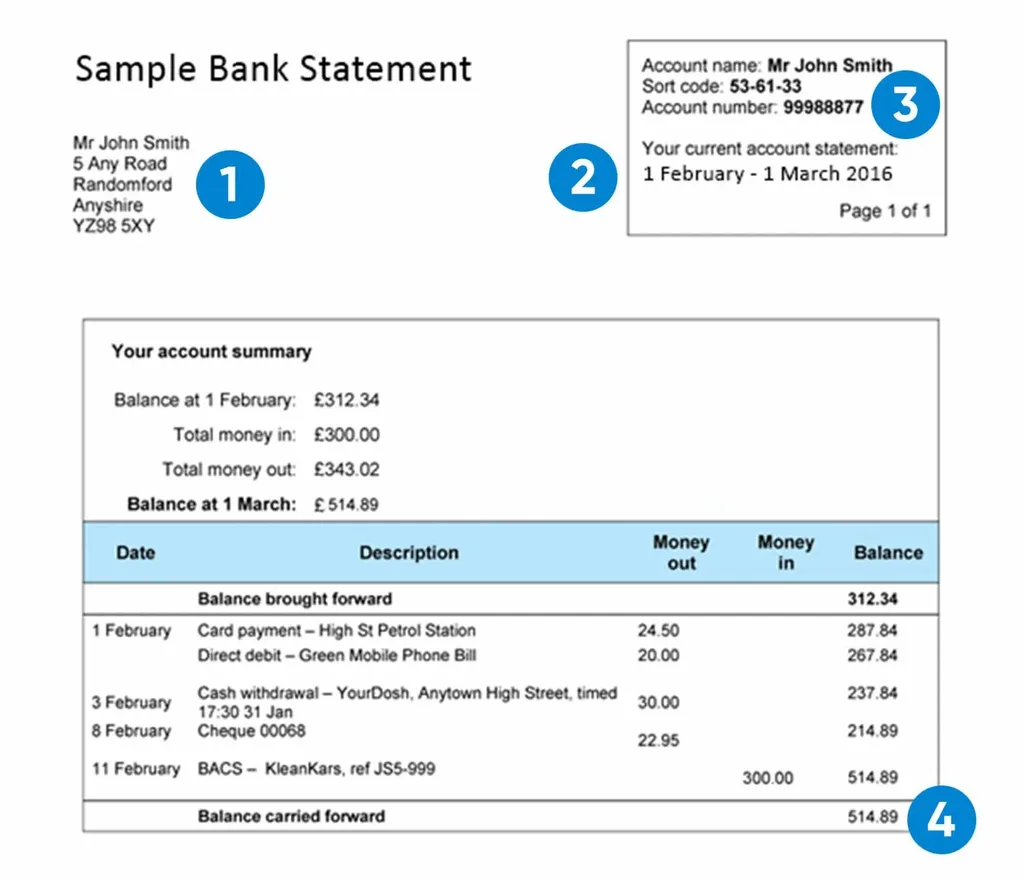Generic bank statement document showing account and transaction fields