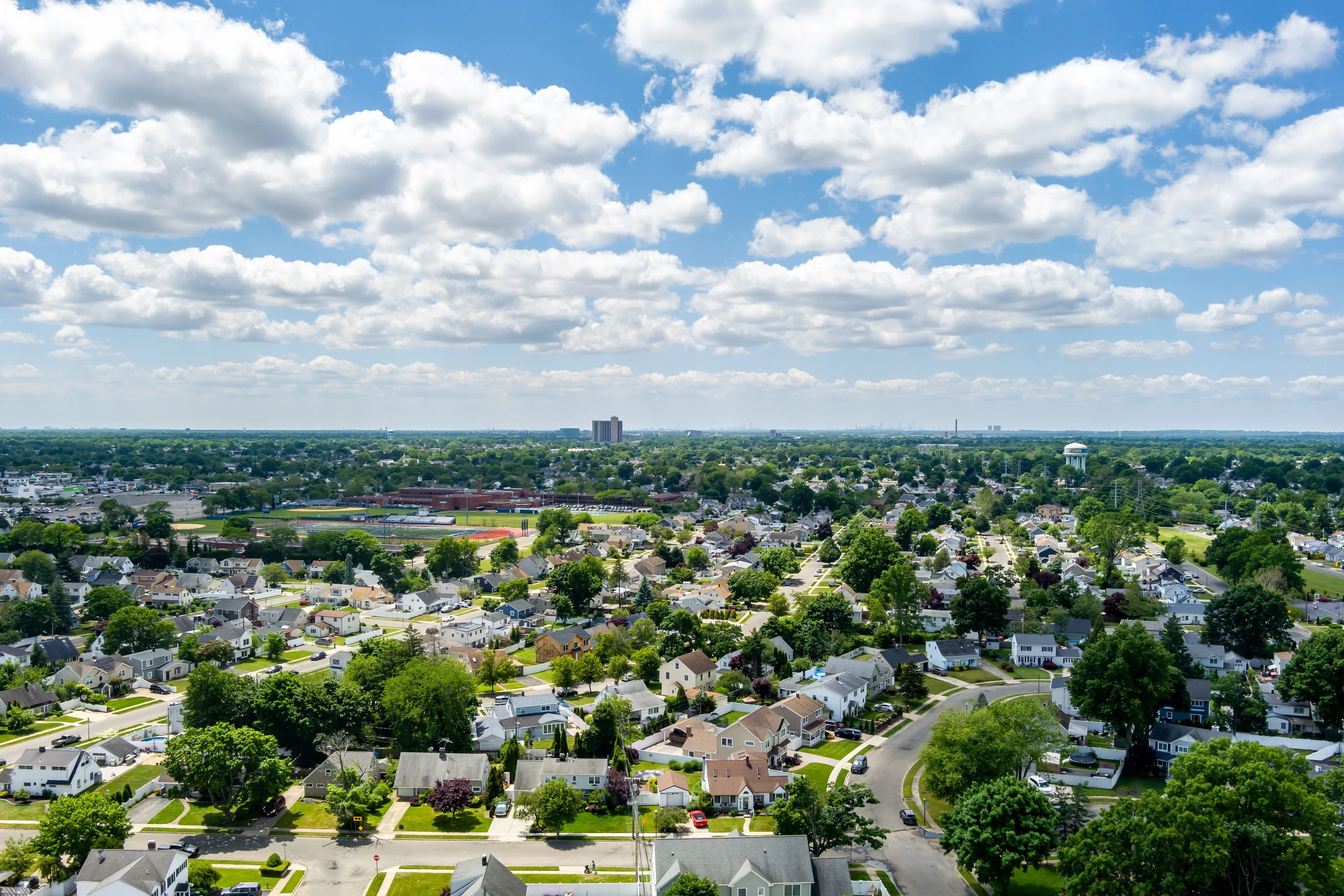Aerial view of Nassau County suburbs on Long Island