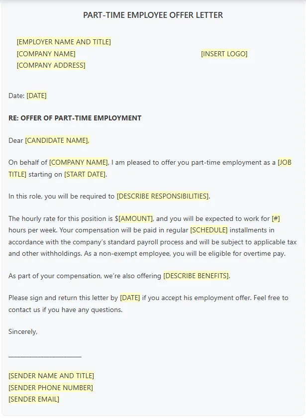 Job offer letter showing compensation package details