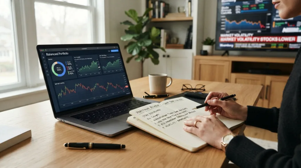 Long-term investor reviewing a diversified portfolio during market volatility