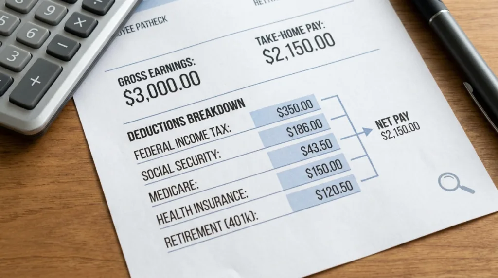 Paycheck showing taxes and other deductions reducing net pay