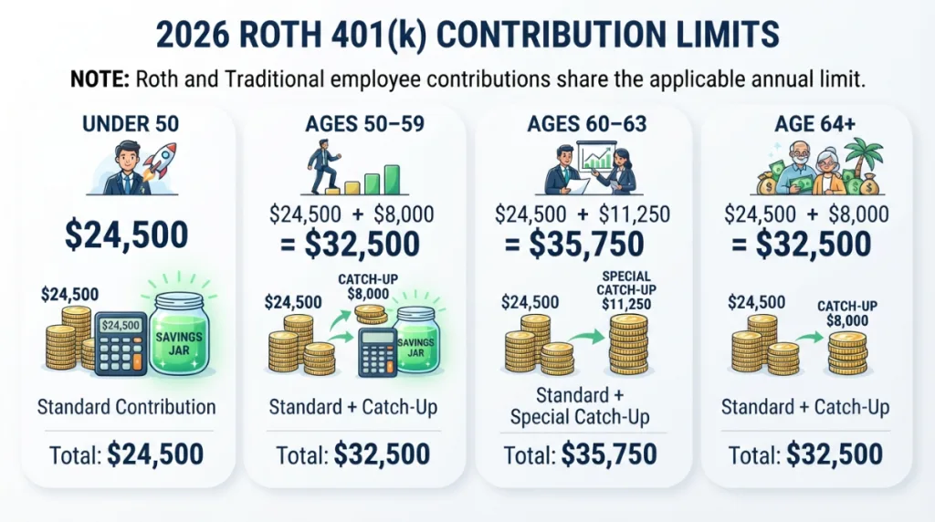 2026 Roth 401(k) contribution limits by age