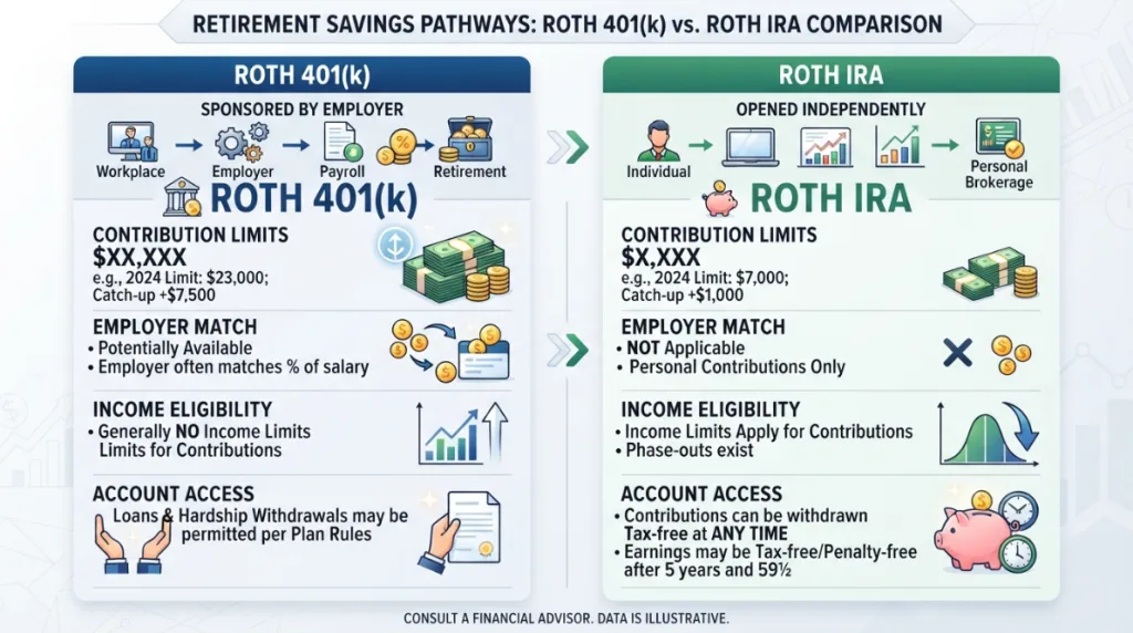 Roth 401(k) vs Roth IRA retirement account comparison