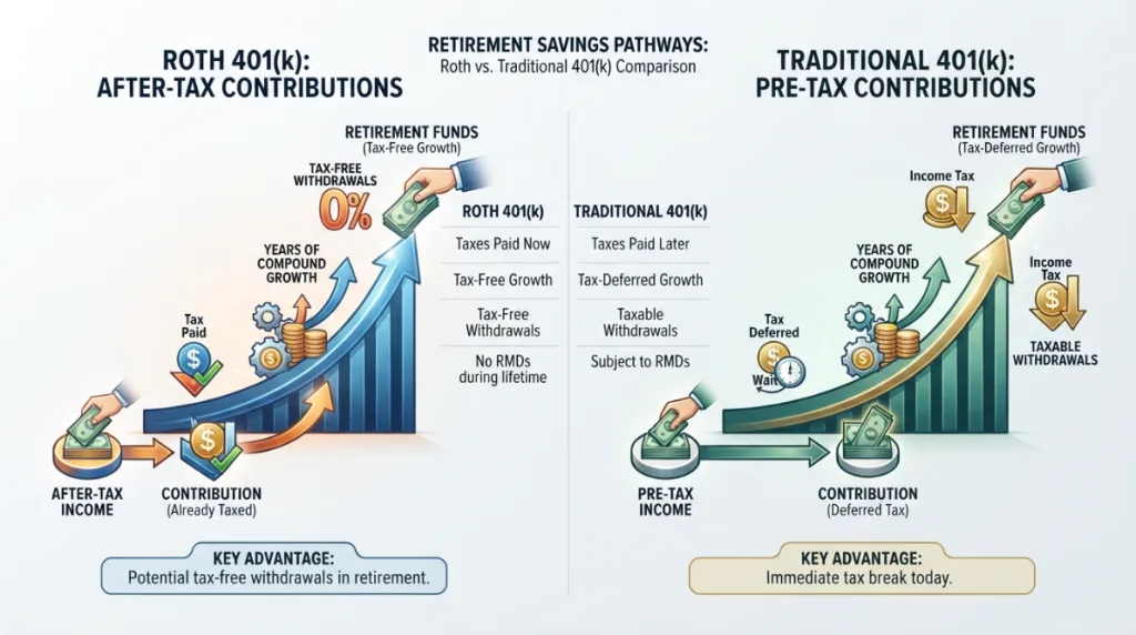 Roth 401(k) vs traditional 401(k) tax treatment comparison