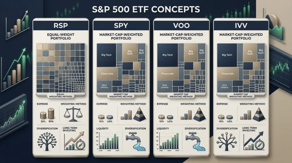 RSP SPY VOO and IVV S&P 500 ETF comparison