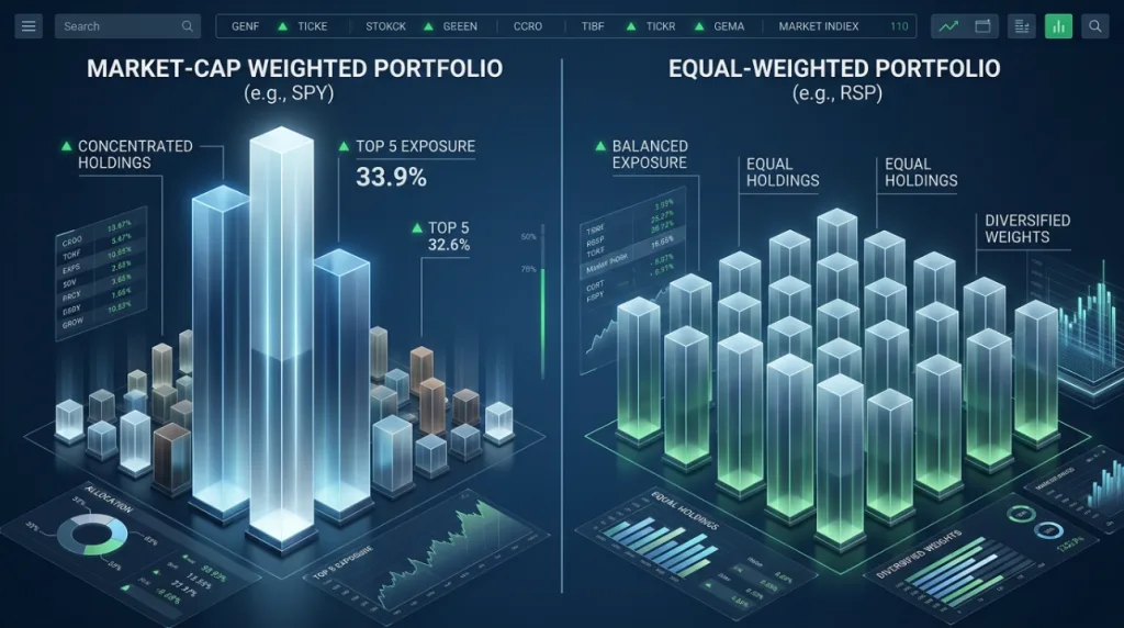 SPY mega-cap exposure compared with RSP balanced stock weighting