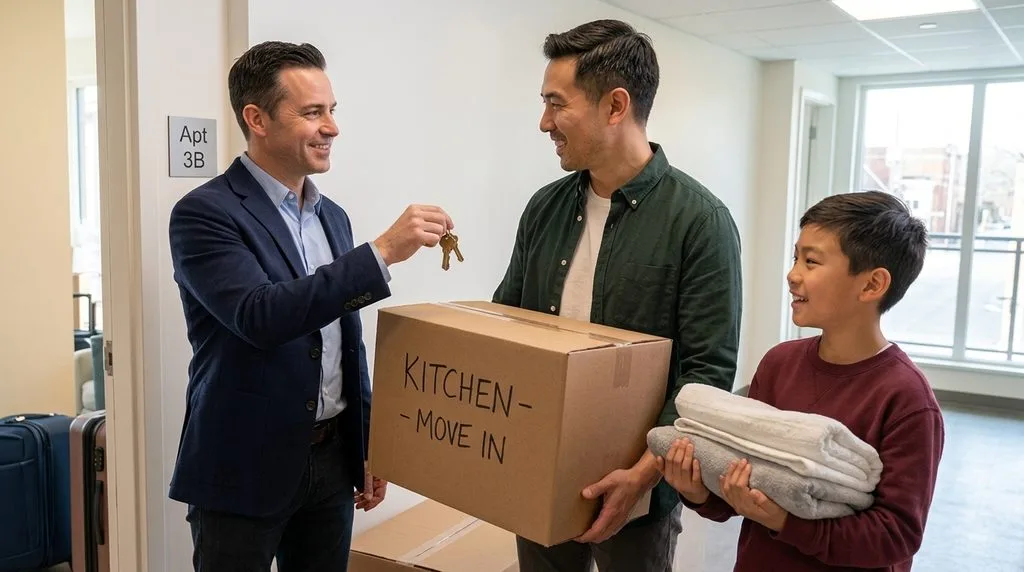 Property manager handing keys to new tenant with moving boxes