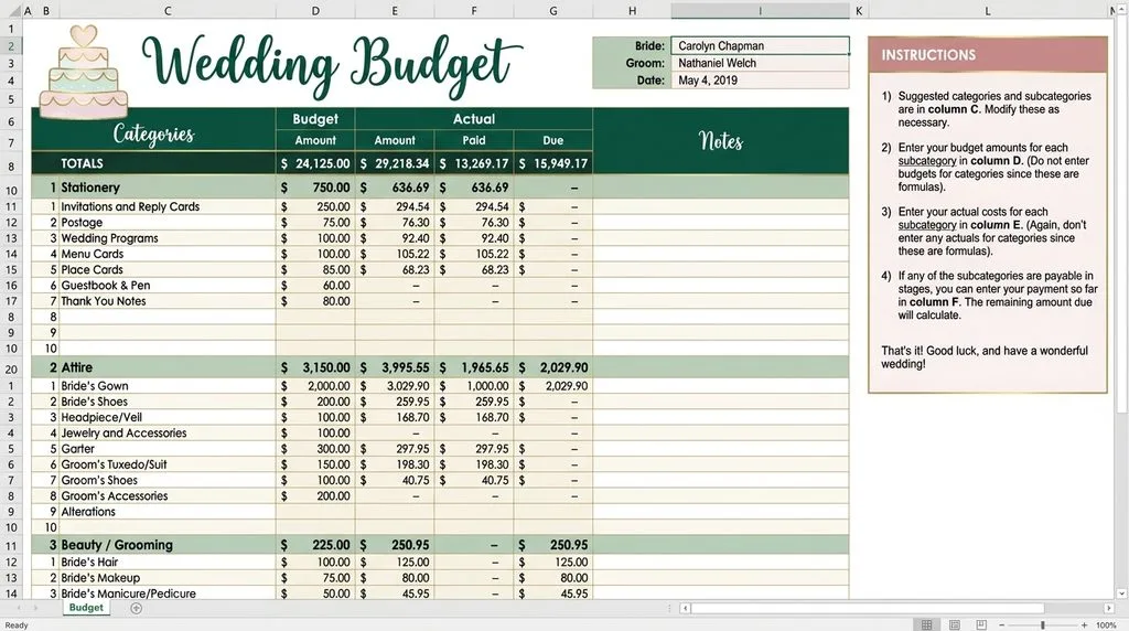 Wedding budget planner spreadsheet template