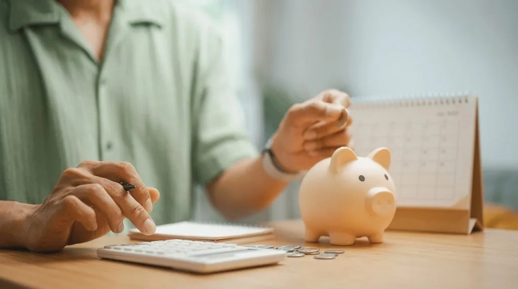 calculating monthly bills with calculator and piggy bank