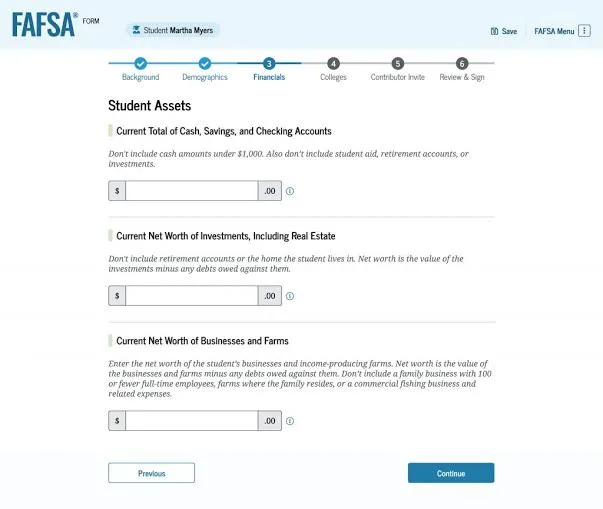 FAFSA application form for federal student aid