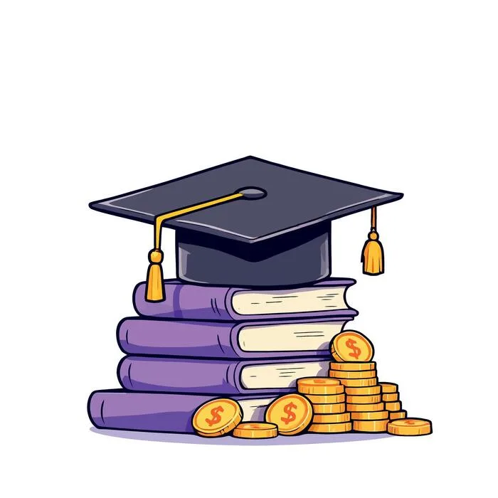 Graduation cap with diploma and money representing education cost