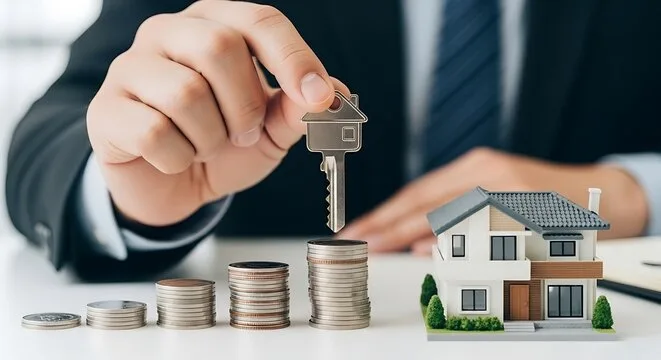 Businessman holding house key above coin stacks with miniature home