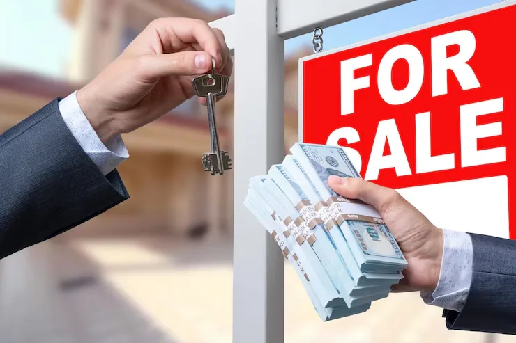 Real estate agent handing keys with cash and for-sale sign