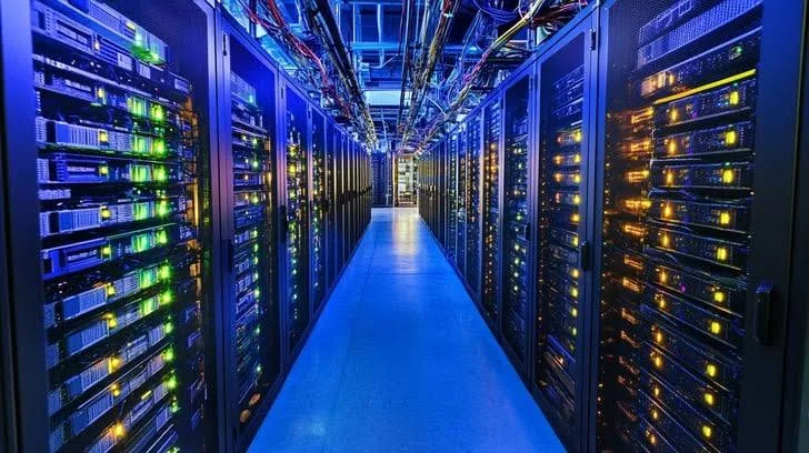 Data center corridor with glowing servers